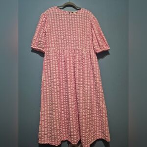 Women's Pink Check Midi Dress with Puff Sleeves